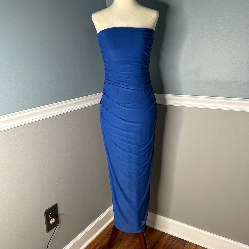 Lulus‎ Royal Blue Strapless Ruched Bodycon Mesh Midi Dress Womens Size M